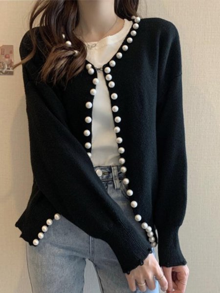 

V Neck Solid Cardigans, Black, Cardigans