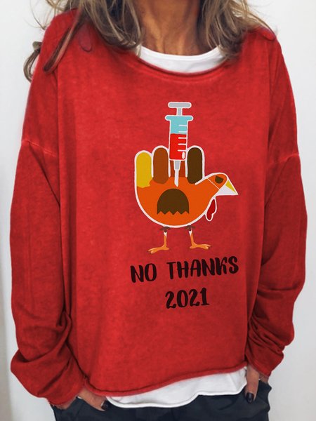 

No Thanks 2021 Funny Thanksgiving Vaccinated Turkey Regular Fit Round Neck Sweatshirt, Red, Hoodies&Sweatshirts