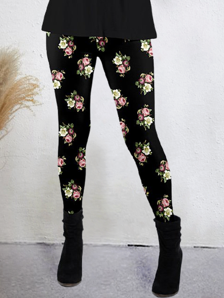 

Black pink floral high stretch leggings, Leggings