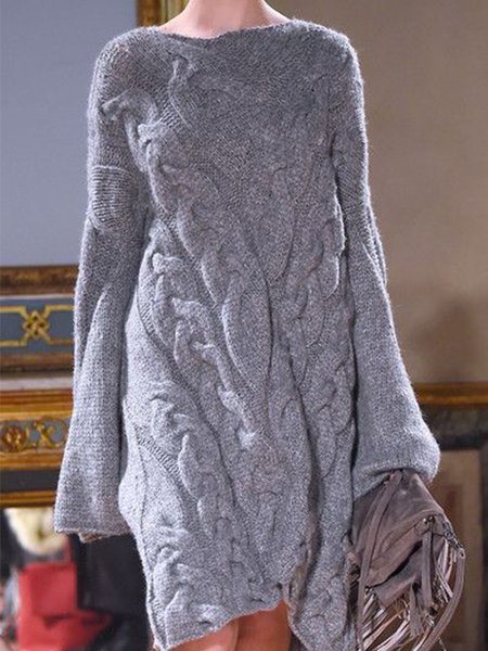 

Solid Daily Loosen Boat Neck Mini Dress, Gray, Mini Dresses