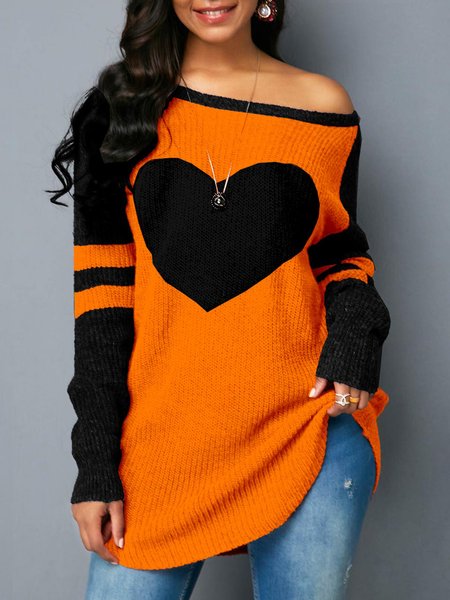 

Long Sleeve Party Crew Neck Loosen Sweater, Black-orange, Pullovers