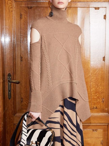 

Plain Long Sleeve Elegant Sweater, Brown, Pullovers