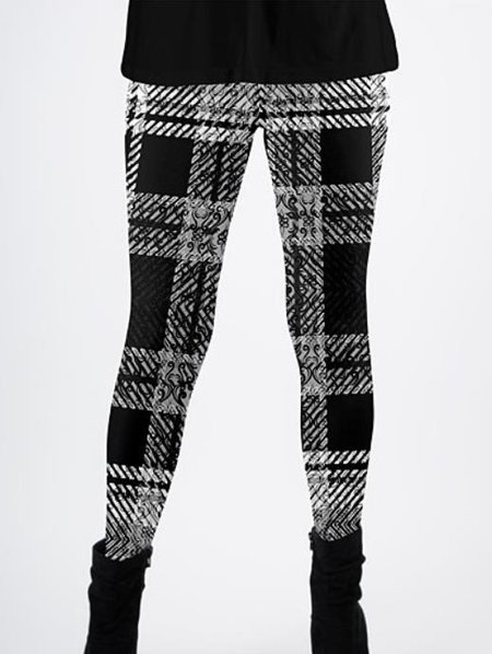 

Skinny Checked/Plaid Printed Vintage Elastic waist Leggings, Black-white, Leggings