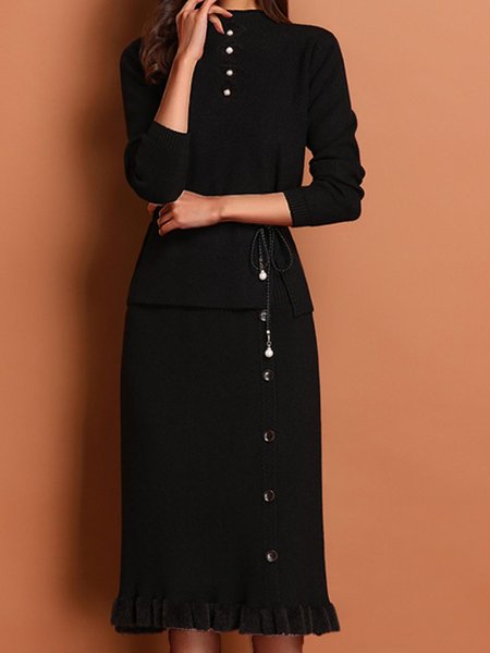 

Elegant Sweater TOP With Skirt Suit, Black, Midi Dresses