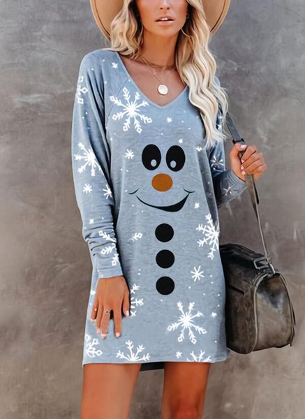 

Casual Regular Fit V Neck Christmas Snowman Dresses, Sky blue, Mini Dresses