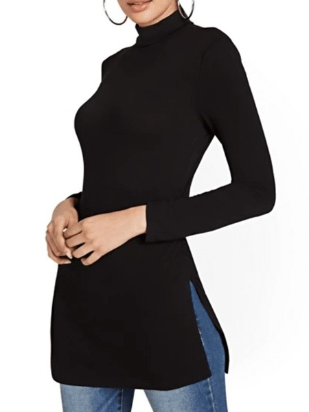 

Fall Simple Plain Long sleeve Daily Stand Collar High Stretch Top, Black, Blouses and Shirts