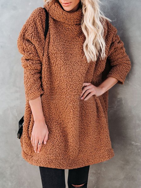 

High Neck Vacation Long Sleeve Casual Outerwear, Coffee, Outerwear