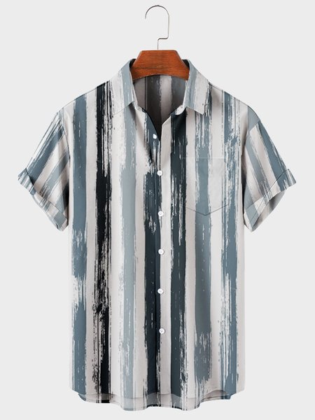 

Striped Shirt Collar Short Sleeve Shirts, Blue, Men's Floral shirt