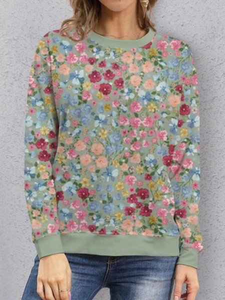 

Off Shoulder Casual Loosen Crew Neck Floral Printed Sweatshirt, Green, Hoodies & Sweatshirts