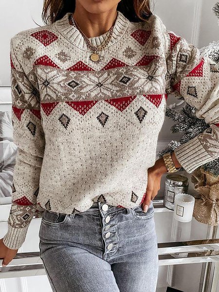 

Casual Holiday Printed Long Sleeve Round Neck Sweater, Apricot, Sweaters