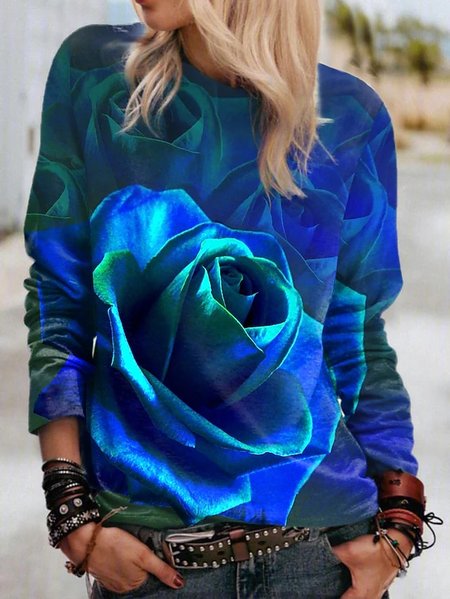 

Crew Neck Cotton Blends Floral Shirts & Tops, Blue, Long sleeve tops