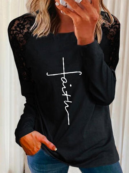 

Faith Letters Printed Lace Long Sleeves Crew Neck Plus Size Casual Tops, Black, T-Shirts