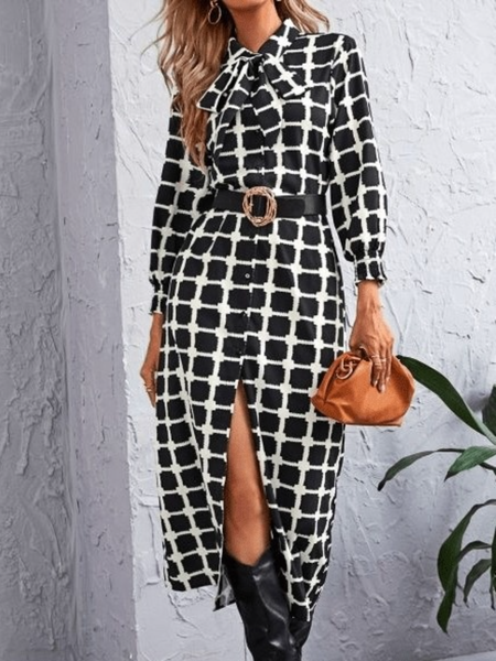 

Fall Elegant Grid Tie Neck Long sleeve Daily Date Non-Stretch Regular fit Dresses, As picture, Midi Dresses