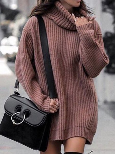 

Vintage Casual Basics Simple High Neck Dress, Coffee, Mini Dresses