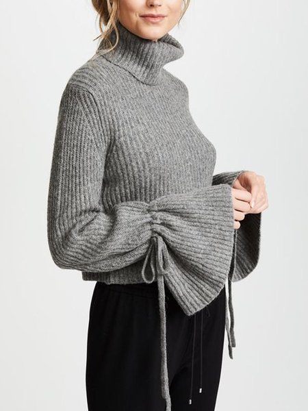 

Long SLeeve Solid Loosen High Neck Sweater, Gray, Pullovers