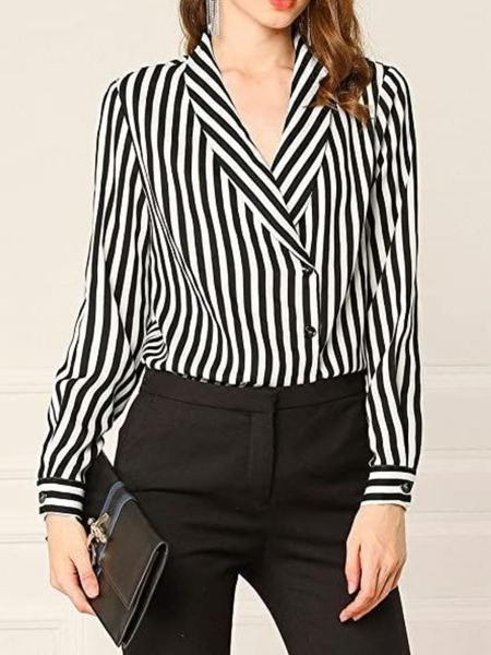 

Fall Elegant Non-Stretch Lightweight Work Formal Long sleeve Tops, Stripe, Blouses and Shirts
