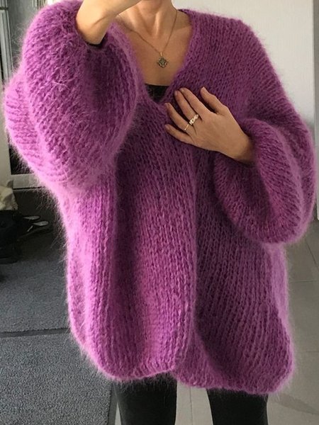 

Long Sleeve Casual Solid V Neck Loosen Outerwear, Purple, Pullovers