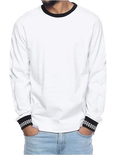 

Checkerboard Graphic Long Sleeve Casual Tee, White, T-shirts