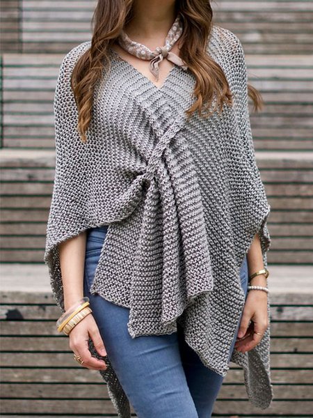 

V Neck Solid Casual Loosen Outerwear, Gray, Cardigans