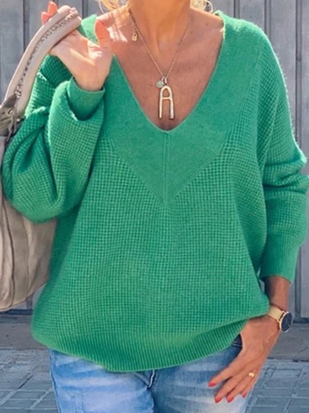 

Scollo a V Casuale Maglione, Verde, Sweater
