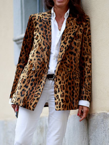 Long sleeve Lapel Leopard Regular Fit Outerwear, Blazers