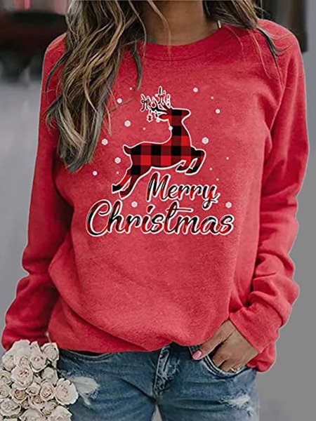

Merry Christmas Elk Plaid Letter Crew Neck Sweatshirt, Red, Hoodies&Sweatshirts