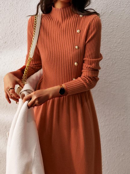

High Neck Elegant Long Sleeve Midi Dress, Wine red, Midi Dresses