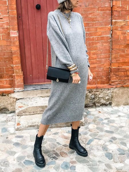 Casual Crew Neck Dresses, Gray, Midi Dresses
