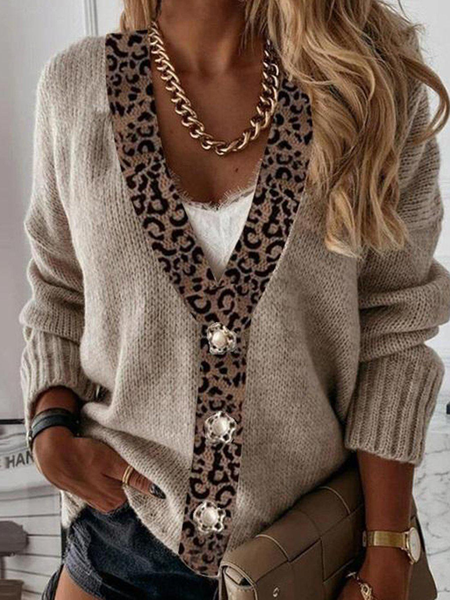 

Zolucky Women Casual Champagne Leopard V Neck Casual Caridigans, Cardigans