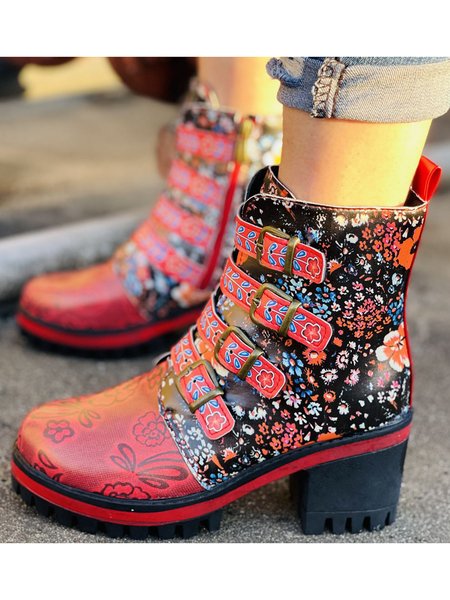 

Ethnic Print Stitching Ankle Boots, As picture, Boots