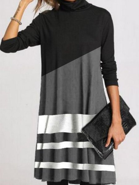 

High Neck Loosen Color Block Knitting Dress, Black-grey, Midi Dresses
