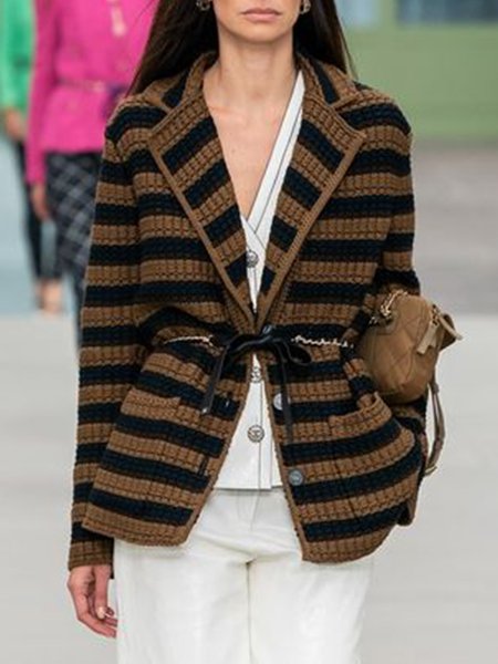

Long Sleeve Daily Lapel Striped Outerwear, Black-coffee, Cardigans
