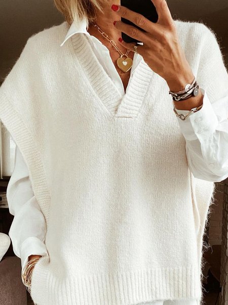 

Casual Plain V Neck Sweater, Beige, Knitwear & Sweaters