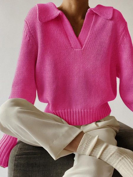 

Casual Vintage Lapel Basics Regular Fit Sweater, Deep pink, Pullovers