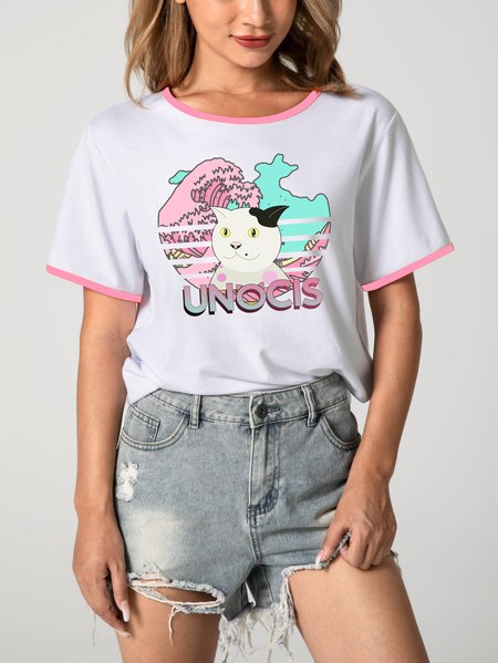 

Unocis Cat Print Short Sleeve Round Neck Ringer Tee, Pink, T-shirts