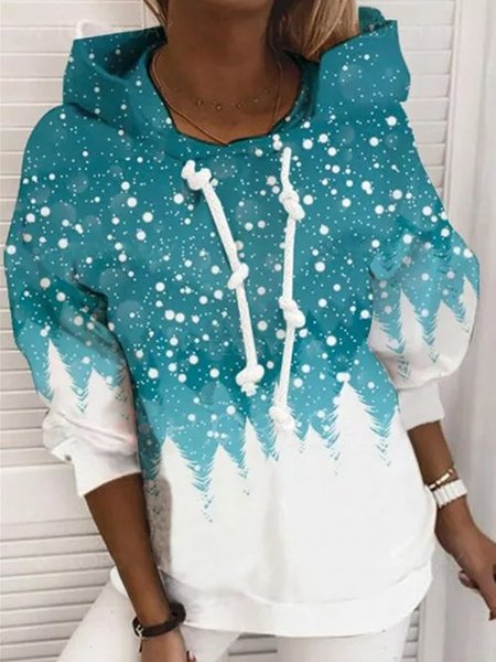 

Casual Snowflake Printed Hooded Loosen Sweatshirt, Blue, Hoodies & Sweatshirts