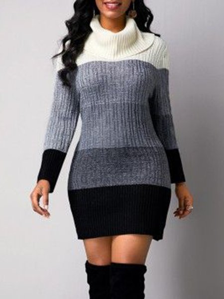 

High Neck Ombre Long Sleeve Lady Skinny Mini Dress, Black-grey, Mini Dresses