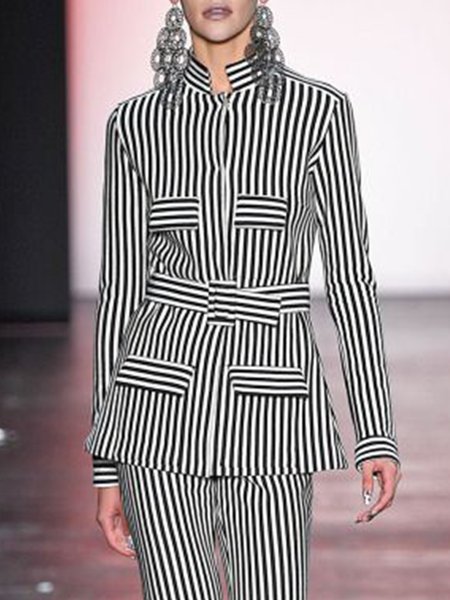 

Striped Stand Collar Regular Fit Outerwear, Black-white, Coats
