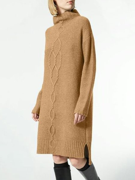 

Vintage Casual Simple High Neck Dress, Khaki, Midi Dresses