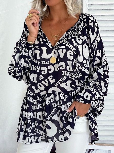 V Neck Casual Blouse, Black, Shirts & Blouses