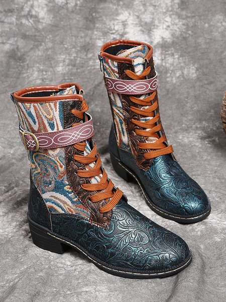 

Ethnic Print Embroidery Stitching Martin Combat Boots, Green, Boots