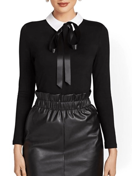 

Fall Shirt Collar Elegant Cotton Work Formal Color Block Lightweight Tops, Black-white, Blouses and Shirts