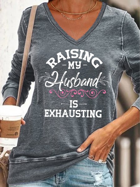 

Funny Letter Printed V-neck Long Sleeve Sweatshirt, Gray, Hoodies&Sweatshirts