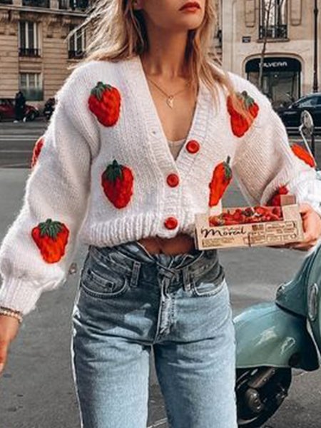 

Party Long Sleeve V Neck Loosen Outerwear, White, Cardigans