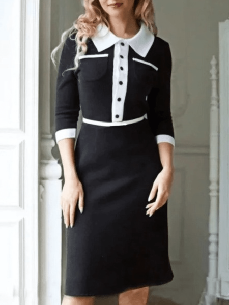 

Fall Date Work Formal High Stretch Color Block Elegant Lady Dresses, Black-white, Midi Dresses