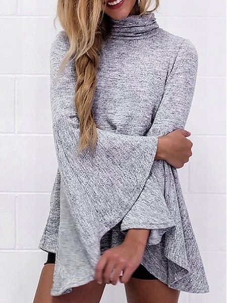 

High Neck Casual Long Sleeve Top, Gray, Hoodies and Sweatshirts