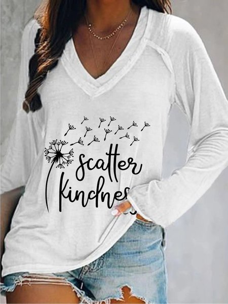 

Casual Long Sleeve V Neck Plus Size Printed Tops T-shirts, White, T-Shirts