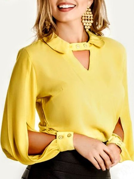 

Vintage Sweet Work Date Daily Shirt Collar Top, Yellow, Blouses and Shirts