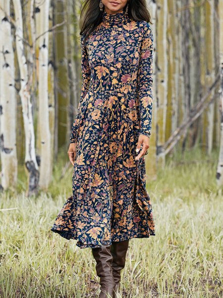 

Stampata Floreale Casuale Vintage alto Collo Maix Abito, Multicolore, Maxi Dresses