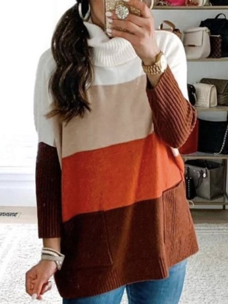 

Casual Color Long Sleeve Block High Neck Sweater, Multicolor, Knitwear & Sweaters